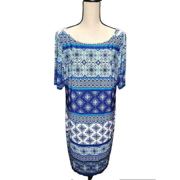 Eliza J Geo Striped Shift Dress Blue Stretchy Lined Size 14W NWT - Picture 1 of 11